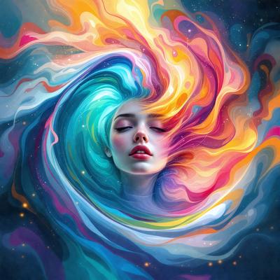 The primary subject of the image is a woman with long hair, who is the main focus of the scene. She is depicted in a colorful, artistic manner, with her hair flowing and her eyes closed. The setting is a vibrant, abstract background that complements the woman's appearance. The visual style of the image is a combination of digital art and illustration, creating a unique and captivating representation of the woman. The colors and mood of the image are lively and energetic, with a